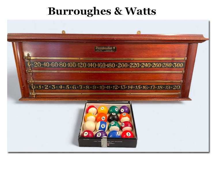Antique Burroughs, and watts billiard scoreboard